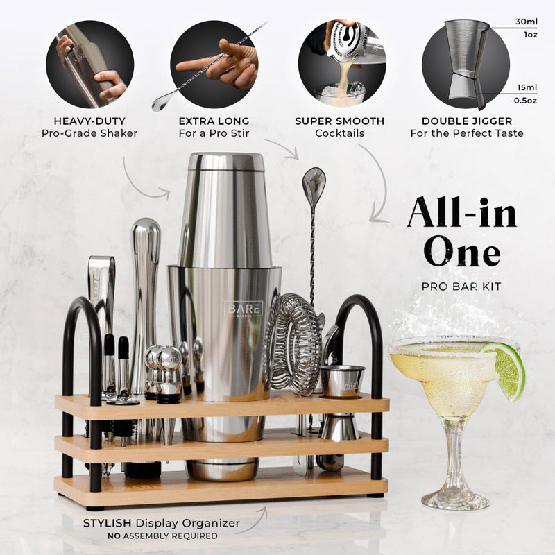 BARE BARREL Mixology Bartender Kit Bar Set | 14-Piece Cocktail Shaker Set | Martini Barware Mixing Tools for Home Bartending | 35 Recipe Cards | Gift Set (28oz Boston Shaker  Silver/Natural) - Image 2